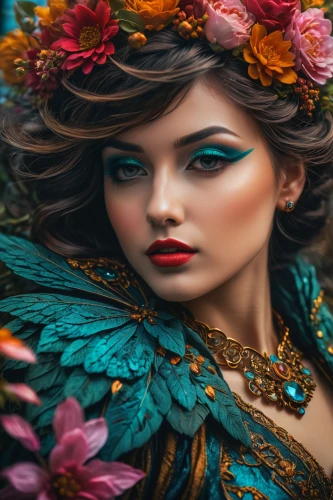 fairy peacock,faery,fantasy portrait,boho art,faerie,fantasy art,peacock,flower fairy,splendor of flowers,beautiful girl with flowers,fairy queen,colorful floral,boho background,elven flower,bohemian,girl in flowers,flora,mystical portrait of a girl,floral wreath,wreath of flowers,Photography,General,Fantasy