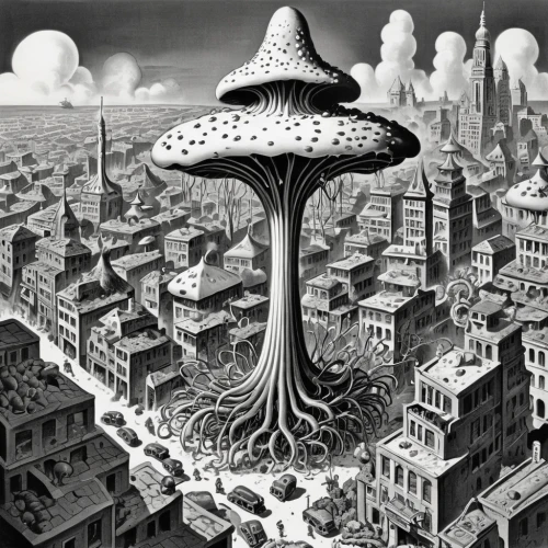 mushroom island,mushroom landscape,mushroom cloud,situation mushroom,metropolis,alien planet,science-fiction,brauseufo,fantasy city,surrealistic,tree mushroom,mandelbulb,alien world,post-apocalyptic landscape,utopian,escher,atomic bomb,sci fiction illustration,surrealism,science fiction,Illustration,Retro,Retro 18