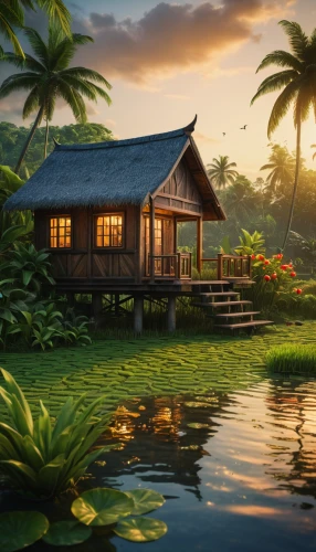 tropical house,summer cottage,floating huts,house by the water,tropical island,home landscape,idyllic,houseboat,over water bungalow,backwaters,house with lake,cottage,beautiful home,tahiti,full hd wallpaper,landscape background,small cabin,tropics,samoa,stilt house,Photography,General,Fantasy