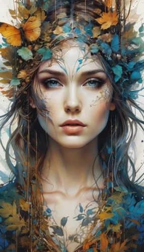 dryad,mystical portrait of a girl,faerie,faery,fantasy portrait,girl in a wreath,fantasy art,kahila garland-lily,fae,fairy peacock,flora,girl with tree,world digital painting,siren,autumn leaves,falling on leaves,the autumn,girl in the garden,artemisia,girl in flowers,Photography,General,Natural
