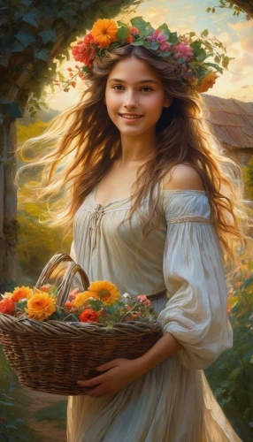 girl picking apples,basket of apples,girl in a wreath,girl in flowers,fruit basket,flowers in basket,girl picking flowers,basket of fruit,cart of apples,beautiful girl with flowers,girl in the garden,apple harvest,woman holding pie,autumn background,autumn wreath,flower basket,fantasy picture,wreath of flowers,celtic woman,fantasy portrait,Conceptual Art,Fantasy,Fantasy 05