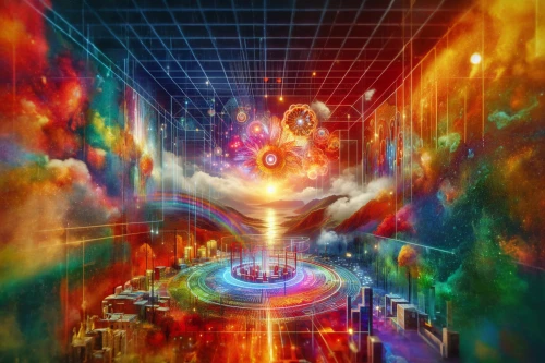 psychedelic art,trip computer,psychedelic,dimensional,dimension,astral traveler,prism ball,lsd,world digital painting,inner space,shower of sparks,prism,vortex,flow of time,ascension,aura,panoramical,digiart,hallucinogenic,fractal environment