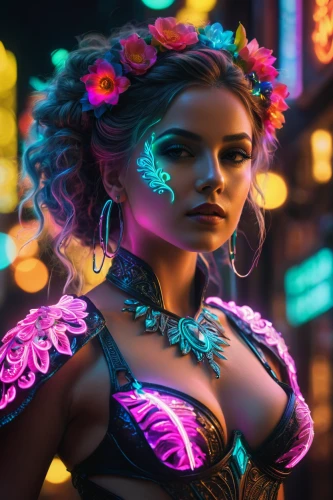 neon body painting,neon makeup,hula,neon light,masquerade,la catrina,neon,neon candies,neon lights,neon carnival brasil,cyberpunk,neo-burlesque,colored lights,retro girl,fantasy portrait,neon sign,luau,neon colors,retro woman,neon cocktails,Photography,General,Fantasy