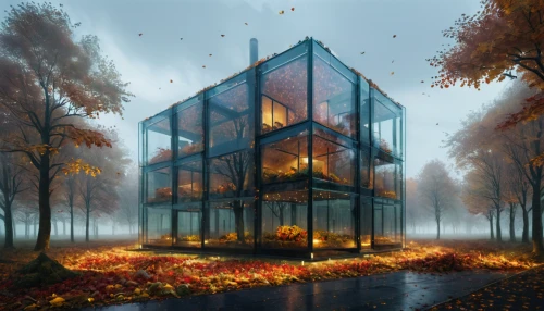 cubic house,mirror house,cube house,house in the forest,autumn fog,glass building,cube stilt houses,frame house,greenhouse,greenhouse cover,water cube,autumn landscape,autumn theme,autumn camper,the autumn,autumn background,autumn idyll,modern house,cubic,fantasy picture,Photography,Documentary Photography,Documentary Photography 04