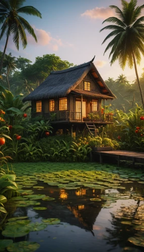 tropical house,tropical island,house by the water,summer cottage,floating huts,tropical bloom,polynesia,idyllic,tropical greens,house with lake,tahiti,tropics,full hd wallpaper,polynesian,home landscape,tropical jungle,beautiful home,fiji,south pacific,samoa,Photography,General,Fantasy