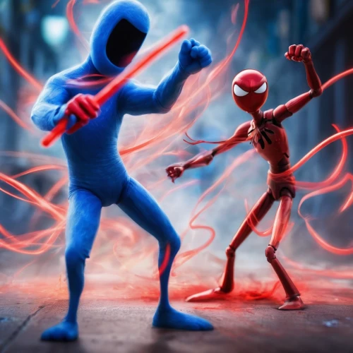 3d stickman,stickman,action-adventure game,duel,3d man,cartoon ninja,electro,matchstick man,neon body painting,friendly punch,spider-man,spiderman,fight,confrontation,game art,battle,fighting poses,digital compositing,game characters,cg artwork,Photography,Artistic Photography,Artistic Photography 04