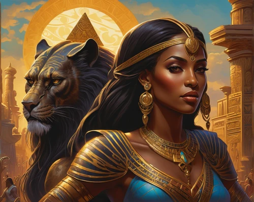 cleopatra,fantasy portrait,priestess,warrior woman,ancient egyptian girl,fantasy art,lionesses,heroic fantasy,zodiac sign libra,she feeds the lion,lioness,athena,pharaoh,ancient egyptian,jaya,egyptian,ancient egypt,artemisia,goddess of justice,golden crown,Illustration,Realistic Fantasy,Realistic Fantasy 03