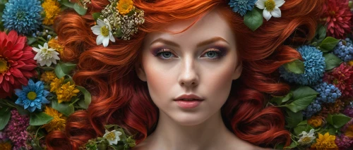 wreath of flowers,girl in a wreath,flowers png,flora,dryad,faery,fantasy portrait,elven flower,girl in flowers,blooming wreath,redhead doll,fractals art,flower art,faerie,image manipulation,decorative figure,red-haired,rosarium,woman sculpture,floral wreath,Photography,General,Fantasy