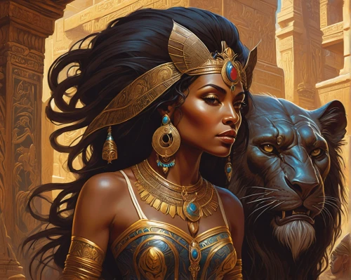 black shepherd,cleopatra,ancient egyptian girl,warrior woman,she feeds the lion,priestess,ancient egyptian,fantasy portrait,pharaoh,fantasy art,sphinx,sphynx,ancient egypt,shamanic,egyptian,female warrior,artemisia,heroic fantasy,lioness,argan,Illustration,Realistic Fantasy,Realistic Fantasy 03