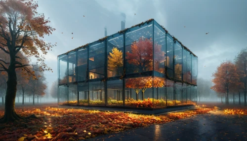 cubic house,cube house,mirror house,house in the forest,cube stilt houses,autumn fog,modern house,glass building,3d rendering,digital compositing,frame house,modern architecture,cube background,photomanipulation,glass facade,school design,render,modern office,quarantine bubble,apartment house,Photography,Documentary Photography,Documentary Photography 04