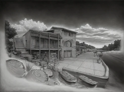 wooden houses,bicycle path,post-apocalyptic landscape,camera illustration,game illustration,bike land,escher village,sci fiction illustration,concept art,bicycle ride,artistic cycling,fisherman's house,log home,bike path,backgrounds,hand-drawn illustration,road forgotten,the road,ghost town,wooden pier,Art sketch,Art sketch,Ultra Realistic