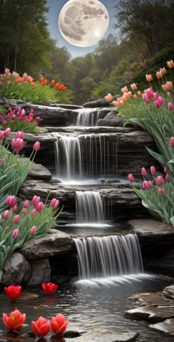 mountain spring,mountain stream,nature landscape,fantasy picture,landscape background,fantasy landscape,beautiful landscape,flower water,landscapes beautiful,springtime background,river landscape,flowing creek,background view nature,natural scenery,moonlit night,landscape nature,splendor of flowers,flowing water,natural landscape,spring background