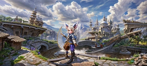 fantasy picture,adventurer,fantasy world,fantasy art,fantasy landscape,hare trail,3d fantasy,alibaba,the wanderer,elves flight,fairy world,cg artwork,fennec,world digital painting,traveler,excalibur,game illustration,fantasia,hare field,pinocchio