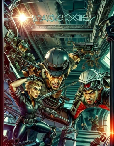 construction workers,shield infantry,welders,galaxy express,steel,jigsaw puzzle,workers,game illustration,mx,axis,chrome steel,excavators,cover,comic book,cd cover,x-men,exile,cg artwork,sci fiction illustration,express train