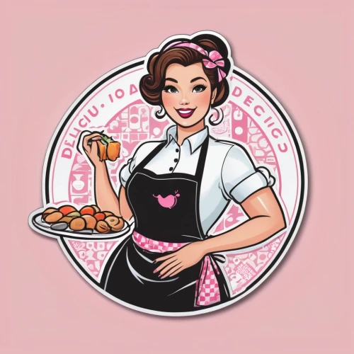 waitress,apple pie vector,retro 1950's clip art,valentine pin up,hostess,valentine day's pin up,retro pin up girl,retro diner,girl in the kitchen,pastry chef,marroni,apron,donut illustration,woman holding pie,dribbble icon,housewife,food icons,chef,retro pin up girls,confectioner,Unique,Design,Sticker