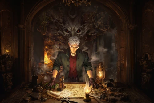 candlemaker,apothecary,divination,the throne,magic grimoire,the collector,throne,occult,hall of the fallen,magus,tarot,vanitas,magistrate,watchmaker,summoner,hanged man,clockmaker,the ruler,sepulchre,game illustration
