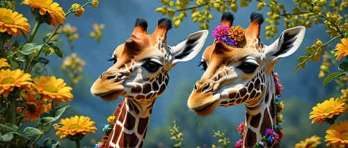 giraffes,two giraffes,whimsical animals,giraffe,giraffidae,flower animal,exotic animals,cute animals,tropical animals,wildlife,scandia animals,forest animals,giraffe head,fauna,animal animals,wildlife park,anthropomorphized animals,animal photography,flowers png,animal world,Photography,General,Fantasy