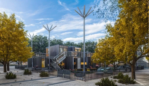 urban park,children's playground,sculpture park,k13 submarine memorial park,city park,outdoor play equipment,combined heat and power plant,sewage treatment plant,wastewater treatment,autumn park,urban design,plane trees,concrete plant,grain plant,kurpark,center park,playground slide,trees with stitching,palma trees,playground,Architecture,Skyscrapers,Modern,Postmodern Playfulness