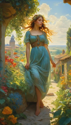 girl in the garden,rapunzel,fantasy picture,girl picking flowers,idyll,fantasy portrait,fantasia,girl in a long dress,woman at the well,cinderella,girl in flowers,fantasy woman,virgo,flora,artemisia,rusalka,emile vernon,way of the roses,fae,fantasy art,Conceptual Art,Fantasy,Fantasy 05