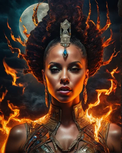 warrior woman,priestess,voodoo woman,african american woman,shamanic,fire angel,fantasy art,black woman,african woman,fire siren,african art,fantasy portrait,sorceress,fire dancer,shamanism,afro-american,fire-eater,the enchantress,flame spirit,flame of fire,Illustration,Realistic Fantasy,Realistic Fantasy 10