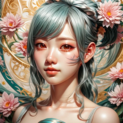 mint blossom,fantasy portrait,flower fairy,hatsune miku,japanese floral background,flora,blooming wreath,portrait background,girl in flowers,white blossom,flower painting,porcelain rose,camellia,painter doll,eglantine,almond blossoms,oriental girl,chinese art,japanese art,floral japanese