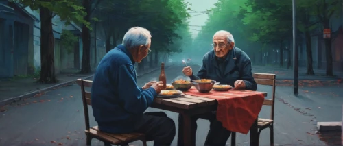 old couple,pensioners,elderly people,art painting,street cafe,grandparents,pensioner,gnomes at table,dinner for two,old age,men sitting,soup kitchen,elderly man,oil painting on canvas,painting technique,meticulous painting,care for the elderly,romantic dinner,retirement home,conversation