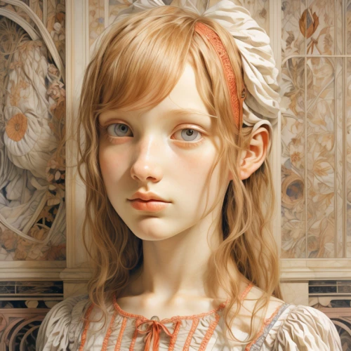 painter doll,artist doll,portrait of a girl,realdoll,female doll,young girl,doll's head,girl with bread-and-butter,jessamine,orange blossom,wooden doll,doll's facial features,porcelain doll,mystical portrait of a girl,clementine,child portrait,dollhouse accessory,girl doll,doll head,girl portrait