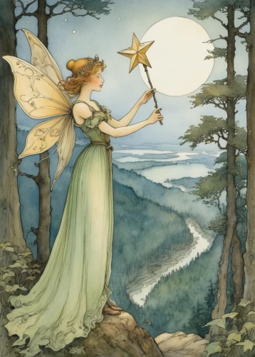 fairies aloft,kate greenaway,faerie,vintage fairies,faery,child fairy,fairy,fairies,rosa 'the fairy,fae,little girl fairy,fairy queen,rosa ' the fairy,angel playing the harp,children's fairy tale,angel's trumpets,cupido (butterfly),star illustration,garden fairy,vintage angel,Illustration,Paper based,Paper Based 29