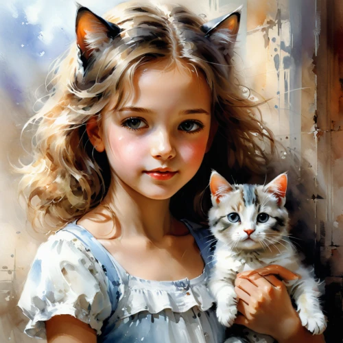 little boy and girl,little girls,vintage boy and girl,oil painting,cat lovers,child portrait,young girl,art painting,tenderness,cute cat,little girl,childs,cute cartoon image,romantic portrait,oil painting on canvas,white cat,doll cat,photo painting,children's background,calico cat,Conceptual Art,Oil color,Oil Color 03