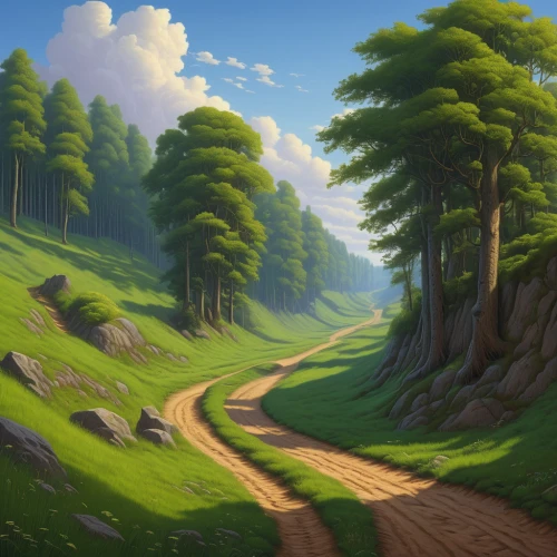 forest road,forest landscape,cartoon video game background,forest path,forest background,mountain road,landscape background,coniferous forest,druid grove,hiking path,fir forest,backgrounds,trail,forests,salt meadow landscape,green forest,spruce forest,cartoon forest,pathway,pine forest,Illustration,Realistic Fantasy,Realistic Fantasy 26