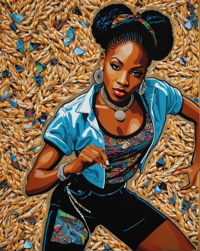 bombay mix,girl with bread-and-butter,sunflower seeds,jollof rice,wood chips,afro american girls,david bates,sunflower seed,nigeria woman,african american woman,african woman,grain of rice,woman of straw,grain harvest,trail mix,oil painting on canvas,shavings,pine nuts,african art,seed wheat,Illustration,American Style,American Style 01