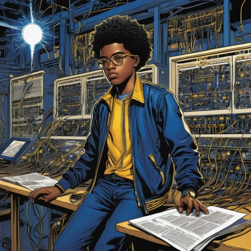 synthesizers,sci fiction illustration,synthesizer,moog,analog synthesizer,man with a computer,electrical engineer,technician,switchboard operator,circuitry,engineer,computer,astronomer,hardware programmer,girl at the computer,synclavier,blueprint,blue print,black professional,computer program,Illustration,American Style,American Style 03