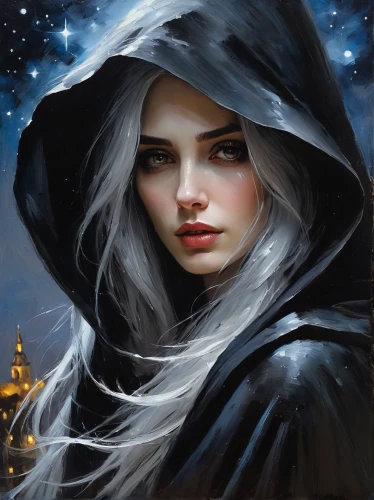 mystical portrait of a girl,fantasy portrait,fantasy art,black coat,sorceress,fantasy picture,the enchantress,romantic portrait,cloak,gothic portrait,astronomer,the snow queen,queen of the night,stary,horoscope libra,fantasy woman,zodiac sign libra,hooded,lady of the night,fairy tale character,Conceptual Art,Oil color,Oil Color 06