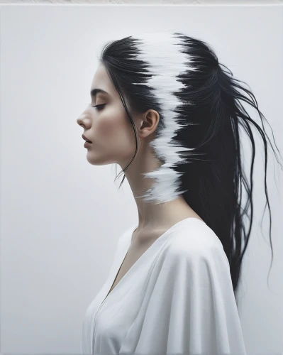 kahila garland-lily,mystical portrait of a girl,junshan yinzhen,white feather,woman thinking,illusion,han thom,oil painting on canvas,the long-hair cutter,veil,feathered hair,woman portrait,girl on a white background,fantasy portrait,photomanipulation,siren,head woman,echo,gemini,aura,Photography,Documentary Photography,Documentary Photography 08