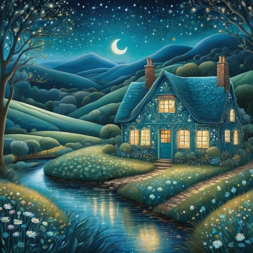 cottage,home landscape,country cottage,night scene,christmas landscape,moonlit night,summer cottage,carol colman,starry night,motif,fisherman's house,winter house,cottages,thatched cottage,little house,moonlit,carol m highsmith,lonely house,heather winter,dreamland,Photography,General,Natural