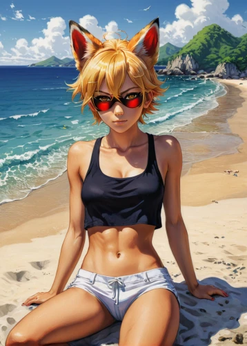 sand fox,beach background,summer background,domestic short-haired cat,beach sports,desert fox,nyan,beach scenery,tabby cat,summer day,fennec,sun glasses,sunglasses,summer clothing,anime 3d,aegean cat,sun-bathing,sunglass,kuta,sanya,Illustration,Japanese style,Japanese Style 05