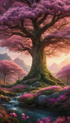 sakura tree,fantasy landscape,flourishing tree,magic tree,colorful tree of life,blossom tree,tree of life,purple landscape,fairy forest,mushroom landscape,watercolor tree,dragon tree,oak tree,cherry blossom tree,elven forest,fantasy picture,fae,fairy world,celtic tree,meadow in pastel,Photography,General,Natural