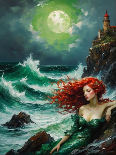 the sea maid,green mermaid scale,fantasy picture,fantasy art,ariel,mermaid background,little mermaid,the wind from the sea,rusalka,emerald sea,sea night,sea landscape,celtic woman,siren,sea fantasy,believe in mermaids,tour to the sirens,sea breeze,sea-shore,mermaid,Conceptual Art,Oil color,Oil Color 06