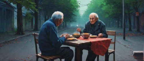 pensioners,old couple,gnomes at table,elderly people,art painting,men sitting,grandparents,street cafe,pensioner,soup kitchen,chess men,elderly man,oil painting on canvas,chess game,old age,painting technique,oil painting,meticulous painting,care for the elderly,breakfast table