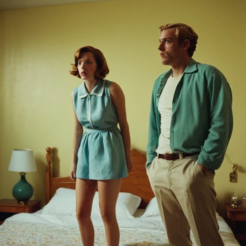 vintage man and woman,vintage boy and girl,motel,two meters,blue jasmine,blue hawaii,honeymoon,ford prefect,turquoise wool,holiday motel,beginners,high-rise,fifties,60s,as a couple,vintage clothing,young couple,nightwear,70s,retro women,Photography,Documentary Photography,Documentary Photography 06