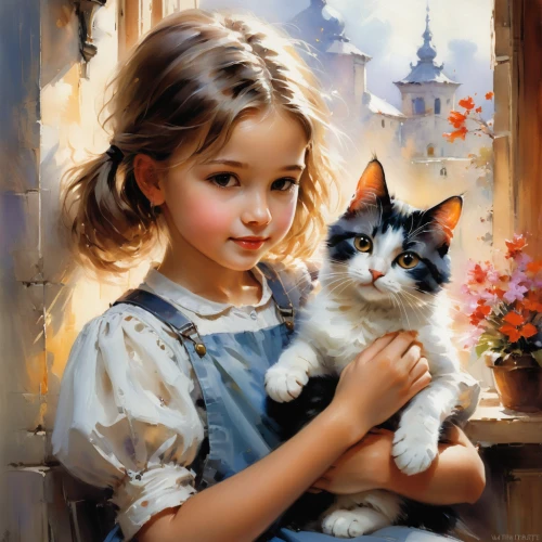 little boy and girl,romantic portrait,tenderness,cat lovers,child portrait,little girls,oil painting,calico cat,vintage boy and girl,young girl,cute cat,girl and boy outdoor,little girl,children's background,oil painting on canvas,childs,innocence,little cat,art painting,white cat,Conceptual Art,Oil color,Oil Color 03