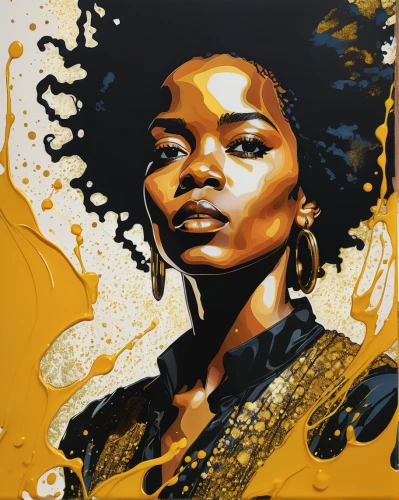 african woman,gold foil art,african art,oil painting on canvas,gold paint strokes,gold paint stroke,black woman,afro-american,african american woman,afroamerican,bjork,afro american,mary-gold,brandy,gold leaf,art painting,afro american girls,adobe illustrator,boho art,african culture,Illustration,American Style,American Style 03