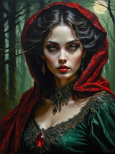 red riding hood,little red riding hood,fantasy portrait,mystical portrait of a girl,gothic portrait,the enchantress,fantasy art,vampire woman,sorceress,vampire lady,red coat,faery,romantic portrait,fantasy picture,lady in red,gothic woman,queen of hearts,oil painting on canvas,deadly nightshade,faerie,Conceptual Art,Oil color,Oil Color 06