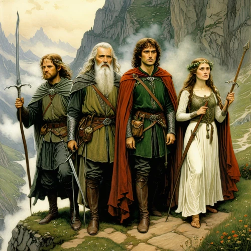 heroic fantasy,germanic tribes,biblical narrative characters,dwarves,massively multiplayer online role-playing game,jrr tolkien,hobbit,guards of the canyon,vikings,the three magi,druids,lord who rings,norse,elves,carpathian,middle ages,dwarfs,icelanders,pathfinders,dunun,Illustration,Retro,Retro 01