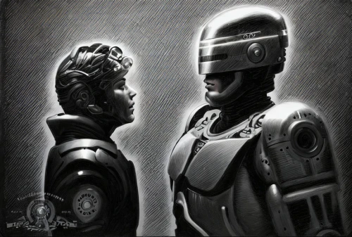 sci fiction illustration,face to face,droids,robots,droid,cybernetics,robot icon,sci fi,metal implants,confrontation,robotic,sci - fi,sci-fi,cg artwork,overtone empire,c-3po,scifi,humanoid,robot,helmets,Art sketch,Art sketch,Traditional