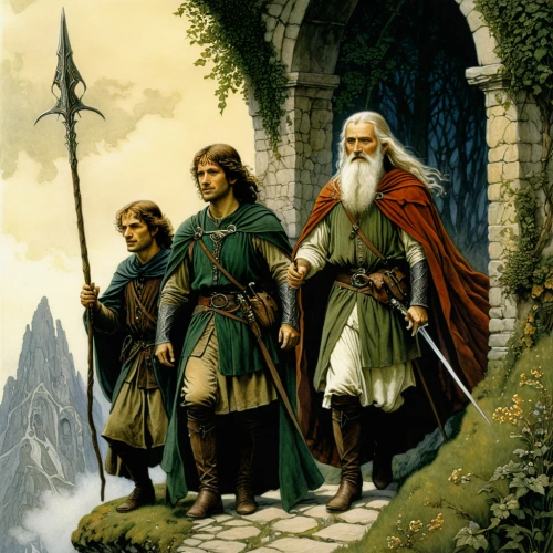 heroic fantasy,dwarves,guards of the canyon,elves,jrr tolkien,the three magi,hobbit,dwarfs,dwarf sundheim,pathfinders,three wise men,hanging elves,three kings,druids,the three wise men,dunun,swordsmen,holy three kings,middle ages,villagers,Illustration,Retro,Retro 01
