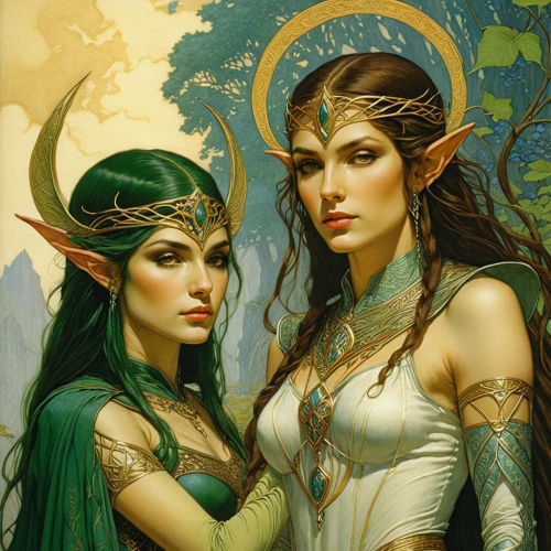 elves,druids,fantasy portrait,elven,fantasy art,fantasy picture,anahata,gemini,sirens,elven forest,dryad,heroic fantasy,faery,two girls,capricorn mother and child,mother and daughter,warrior and orc,faerie,sisters,druid,Illustration,Retro,Retro 01