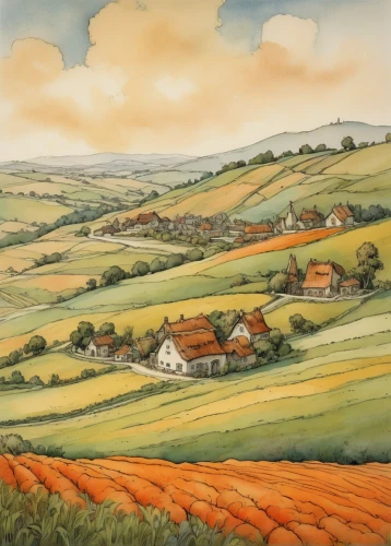 farm landscape,rural landscape,dorset,exmoor,devon,yorkshire,carol colman,george russell,sussex,hayfield,rolling hills,shaftesbury,brook landscape,francis barlow,david bates,home landscape,gable field,wensleydale,autumn landscape,south downs,Illustration,Paper based,Paper Based 29