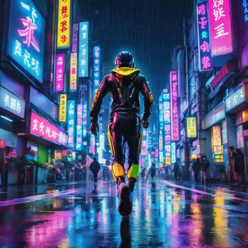cyberpunk,shinjuku,tokyo,hk,futuristic,tokyo city,hong kong,pedestrian,shanghai,tokyo ¡¡,taipei,neon arrows,neon,walking in the rain,vapor,neon lights,colorful city,osaka,shibuya,walking man,Illustration,Realistic Fantasy,Realistic Fantasy 20