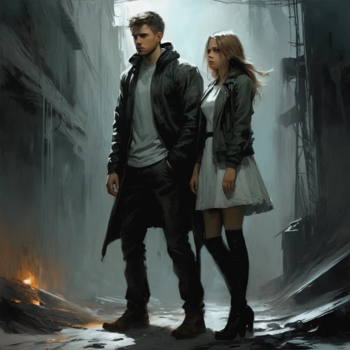 sci fiction illustration,walking in the rain,trench coat,insurgent,divergent,cg artwork,mystery book cover,dystopian,game illustration,in the rain,jacket,overcoat,sci fi,young couple,digital painting,science fiction,sci - fi,sci-fi,angels of the apocalypse,concept art,Conceptual Art,Fantasy,Fantasy 12